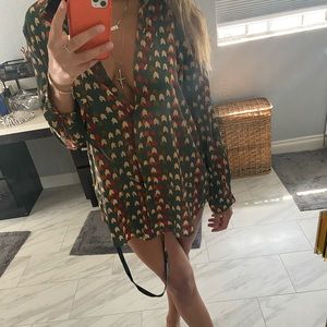 patterned satin button up long sleeve blouse